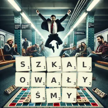 Kreatywna ilustracja do gry w Scrabble ze słowem SZKALOWAŁYŚMY ułożonym z płytek na planszy.