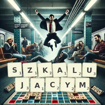 Kreatywna ilustracja do gry w Scrabble ze słowem SZKALUJACYM ułożonym z płytek na planszy.