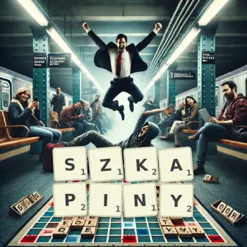 Kreatywna ilustracja do gry w Scrabble ze słowem SZKAPINY ułożonym z płytek na planszy.