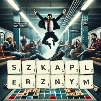 Kreatywna ilustracja do gry w Scrabble ze słowem SZKAPLERZNYM ułożonym z płytek na planszy.