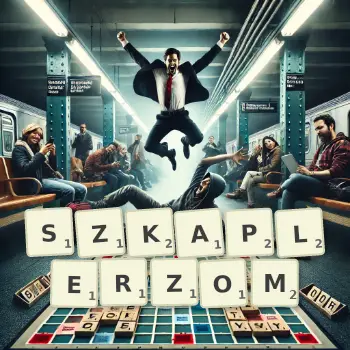 Kreatywna ilustracja do gry w Scrabble ze słowem SZKAPLERZOM ułożonym z płytek na planszy.