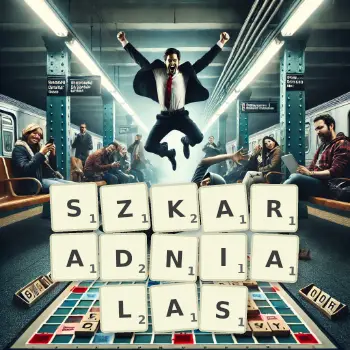 Kreatywna ilustracja do gry w Scrabble ze słowem SZKARADNIALAS ułożonym z płytek na planszy.