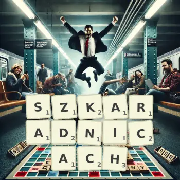 Kreatywna ilustracja do gry w Scrabble ze słowem SZKARADNICACH ułożonym z płytek na planszy.