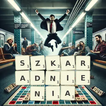 Kreatywna ilustracja do gry w Scrabble ze słowem SZKARADNIENIA ułożonym z płytek na planszy.