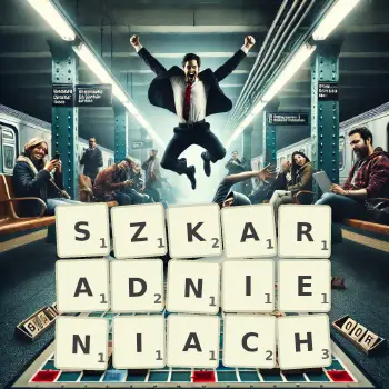 Kreatywna ilustracja do gry w Scrabble ze słowem SZKARADNIENIACH ułożonym z płytek na planszy.