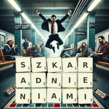 Kreatywna ilustracja do gry w Scrabble ze słowem SZKARADNIENIAMI ułożonym z płytek na planszy.