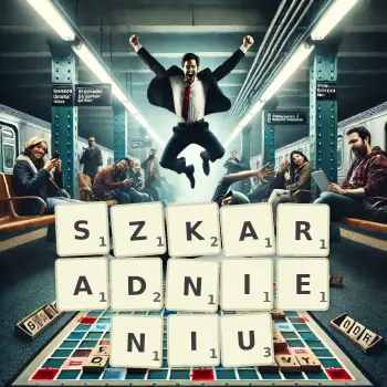 Kreatywna ilustracja do gry w Scrabble ze słowem SZKARADNIENIU ułożonym z płytek na planszy.