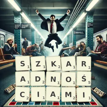 Kreatywna ilustracja do gry w Scrabble ze słowem SZKARADNOŚCIAMI ułożonym z płytek na planszy.