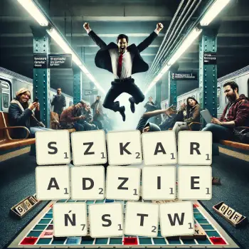 Kreatywna ilustracja do gry w Scrabble ze słowem SZKARADZIEŃSTW ułożonym z płytek na planszy.