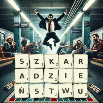 Kreatywna ilustracja do gry w Scrabble ze słowem SZKARADZIEŃSTWU ułożonym z płytek na planszy.