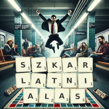 Kreatywna ilustracja do gry w Scrabble ze słowem SZKARLATNIALAS ułożonym z płytek na planszy.