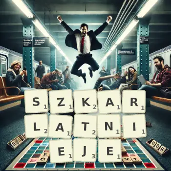 Kreatywna ilustracja do gry w Scrabble ze słowem SZKARLATNIEJE ułożonym z płytek na planszy.