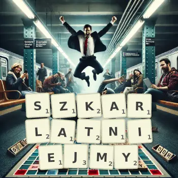 Kreatywna ilustracja do gry w Scrabble ze słowem SZKARLATNIEJMY ułożonym z płytek na planszy.