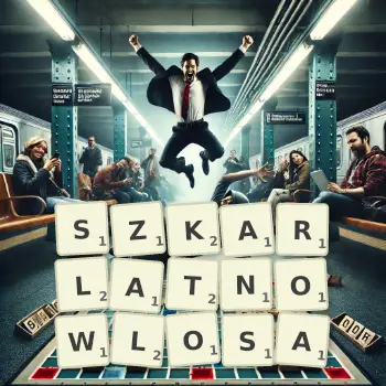 Kreatywna ilustracja do gry w Scrabble ze słowem SZKARLATNOWLOSA ułożonym z płytek na planszy.