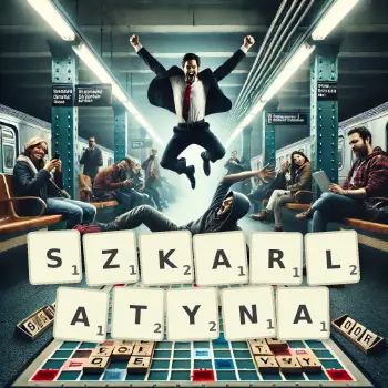 Kreatywna ilustracja do gry w Scrabble ze słowem SZKARLATYNA ułożonym z płytek na planszy.