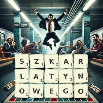 Kreatywna ilustracja do gry w Scrabble ze słowem SZKARLATYNOWEGO ułożonym z płytek na planszy.