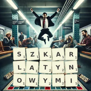 Kreatywna ilustracja do gry w Scrabble ze słowem SZKARLATYNOWYMI ułożonym z płytek na planszy.