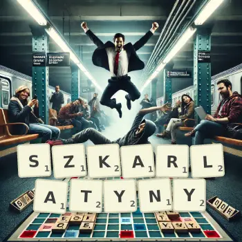 Kreatywna ilustracja do gry w Scrabble ze słowem SZKARLATYNY ułożonym z płytek na planszy.