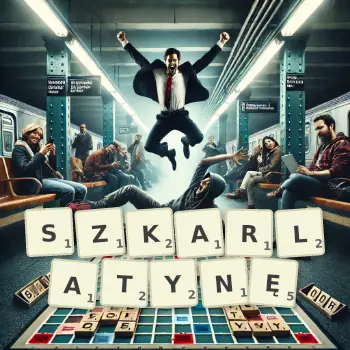 Kreatywna ilustracja do gry w Scrabble ze słowem SZKARLATYNĘ ułożonym z płytek na planszy.