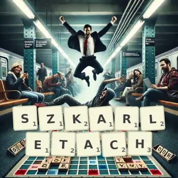 Kreatywna ilustracja do gry w Scrabble ze słowem SZKARLETACH ułożonym z płytek na planszy.