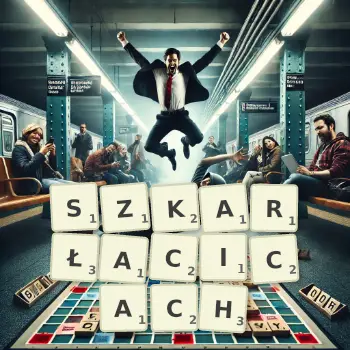 Kreatywna ilustracja do gry w Scrabble ze słowem SZKARŁACICACH ułożonym z płytek na planszy.