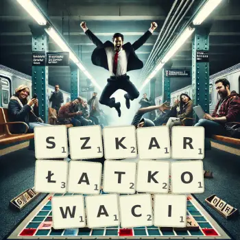Kreatywna ilustracja do gry w Scrabble ze słowem SZKARŁATKOWACI ułożonym z płytek na planszy.