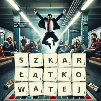 Kreatywna ilustracja do gry w Scrabble ze słowem SZKARŁATKOWATEJ ułożonym z płytek na planszy.