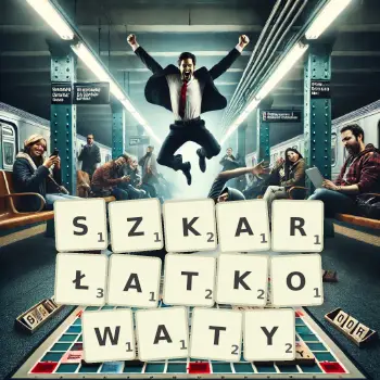 Kreatywna ilustracja do gry w Scrabble ze słowem SZKARŁATKOWATY ułożonym z płytek na planszy.