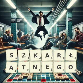 Kreatywna ilustracja do gry w Scrabble ze słowem SZKARŁATNEGO ułożonym z płytek na planszy.