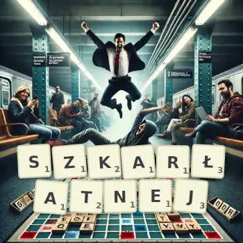 Kreatywna ilustracja do gry w Scrabble ze słowem SZKARŁATNEJ ułożonym z płytek na planszy.