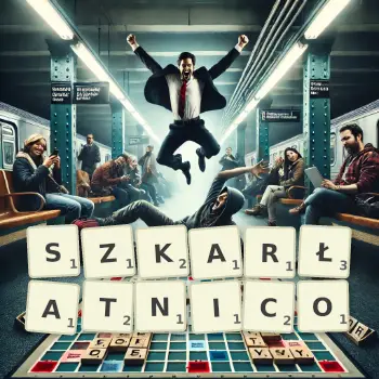 Kreatywna ilustracja do gry w Scrabble ze słowem SZKARŁATNICO ułożonym z płytek na planszy.