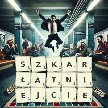 Kreatywna ilustracja do gry w Scrabble ze słowem SZKARŁATNIEJCIE ułożonym z płytek na planszy.