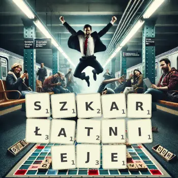 Kreatywna ilustracja do gry w Scrabble ze słowem SZKARŁATNIEJE ułożonym z płytek na planszy.