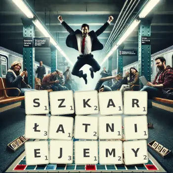 Kreatywna ilustracja do gry w Scrabble ze słowem SZKARŁATNIEJEMY ułożonym z płytek na planszy.