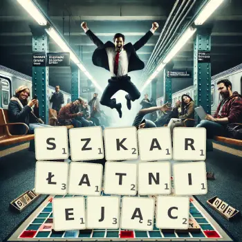 Kreatywna ilustracja do gry w Scrabble ze słowem SZKARŁATNIEJĄC ułożonym z płytek na planszy.