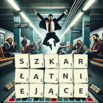 Kreatywna ilustracja do gry w Scrabble ze słowem SZKARŁATNIEJĄCE ułożonym z płytek na planszy.