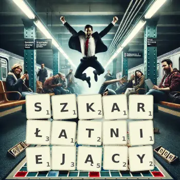 Kreatywna ilustracja do gry w Scrabble ze słowem SZKARŁATNIEJĄCY ułożonym z płytek na planszy.