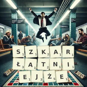 Kreatywna ilustracja do gry w Scrabble ze słowem SZKARŁATNIEJŻE ułożonym z płytek na planszy.