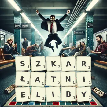 Kreatywna ilustracja do gry w Scrabble ze słowem SZKARŁATNIELIBY ułożonym z płytek na planszy.