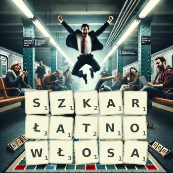 Kreatywna ilustracja do gry w Scrabble ze słowem SZKARŁATNOWŁOSA ułożonym z płytek na planszy.