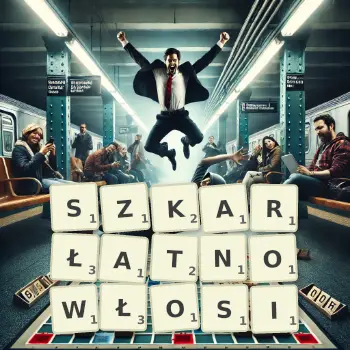 Kreatywna ilustracja do gry w Scrabble ze słowem SZKARŁATNOWŁOSI ułożonym z płytek na planszy.