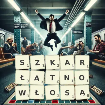 Kreatywna ilustracja do gry w Scrabble ze słowem SZKARŁATNOWŁOSĄ ułożonym z płytek na planszy.