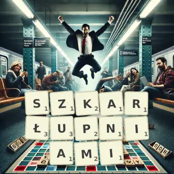 Kreatywna ilustracja do gry w Scrabble ze słowem SZKARŁUPNIAMI ułożonym z płytek na planszy.