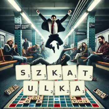 Kreatywna ilustracja do gry w Scrabble ze słowem SZKATULKA ułożonym z płytek na planszy.