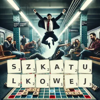 Kreatywna ilustracja do gry w Scrabble ze słowem SZKATULKOWEJ ułożonym z płytek na planszy.