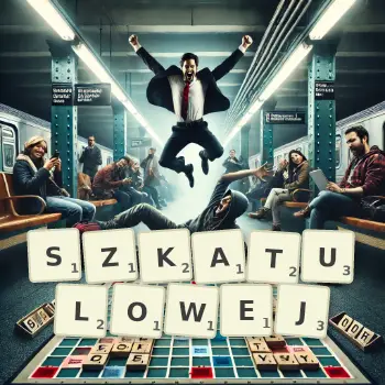 Kreatywna ilustracja do gry w Scrabble ze słowem SZKATULOWEJ ułożonym z płytek na planszy.