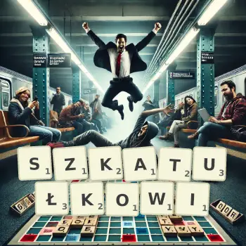 Kreatywna ilustracja do gry w Scrabble ze słowem SZKATUŁKOWI ułożonym z płytek na planszy.