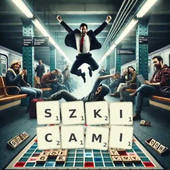 Kreatywna ilustracja do gry w Scrabble ze słowem SZKICAMI ułożonym z płytek na planszy.