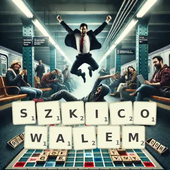 Kreatywna ilustracja do gry w Scrabble ze słowem SZKICOWALEM ułożonym z płytek na planszy.