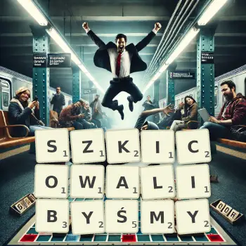 Kreatywna ilustracja do gry w Scrabble ze słowem SZKICOWALIBYŚMY ułożonym z płytek na planszy.